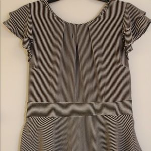 Black and white striped blouse. Flutter sleeves and skirted waist.